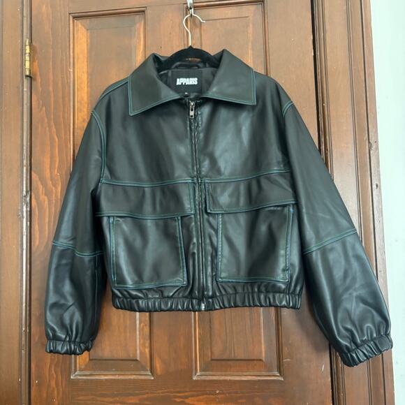 Apparis Faux Leather Tierra Vegan Leather Bomber Jacket Blue Green Stitching M - Picture 2 of 9